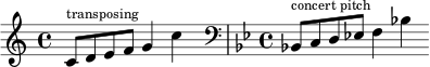 \relative { \cadenzaOn \clef treble \key c \major c'8[ ^ \markup \tiny "transposing" def] g4 c s4 \bar "|" \clef bass \key bes \major \time 4/4 bes,,!8[ ^ \markup \tiny "concert pitch" cd ees!] f4 bes! }