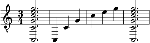 { \clef "treble_8" \time 3/4 <c, cg c' e' g'>2. <c, >4 <c >4 <g >4 <c' >4 <e' >4 <g' >4 <c, cg c' e' g'>2. } 
