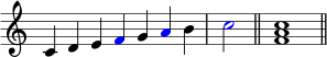  { \override Score.TimeSignature #'stencil = ##f \relative c' { \clef treble \time 7/4 c4 de \once \override NoteHead.color = #red fg \once \override NoteHead.color = #red ab \time 2/4 \once \override NoteHead.color = #red c2 \bar "||" \time 4/4 <f, a c>1 \bar "||" } } 