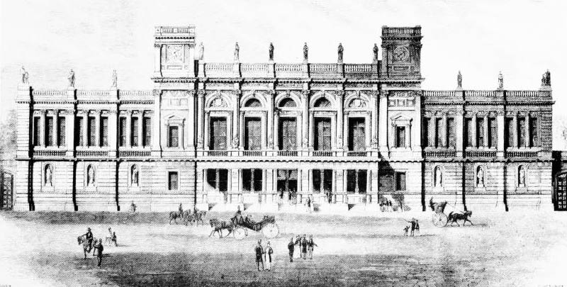 رسم توضيحي لمبنى رقم 6 في حدائق بيرلينجتون، الذي كان مقرًا لإدارة الجامعة من عام 1870 إلى عام 1900.