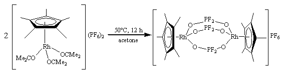 يؤدي تسخين المركب [(η5-C5Me5)Rh(Me2CO)3](PF6)2 في الأسيتون إلى تكوين المركب [(η5-C5Me5)Rh(μ-OPF2O)3Rh(η5-C5Me5)]PF6