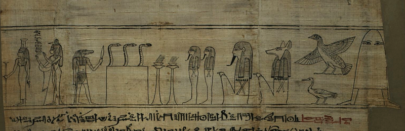 رسم مصغر من لفافة بردي أكبر. في أقصى اليسار يظهر مجيد، الذي يبدو كشخصية تشبه القبة بزوج من العيون، مدعومة بقدمين تشبهان قدمي الإنسان.