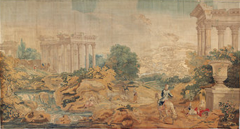 أطلال تدمر. نسيج من الصوف والحرير من تصميم بول سوندرز، وفرانشيسكو زوكاريلي. 1758. متحف فيكتوريا وألبرت، لندن.