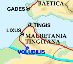 خريطة لجنوب غرب شبه الجزيرة الأيبيرية وأقصى شمال غرب أفريقيا مع تحديد الطرق والمدن الرومانية