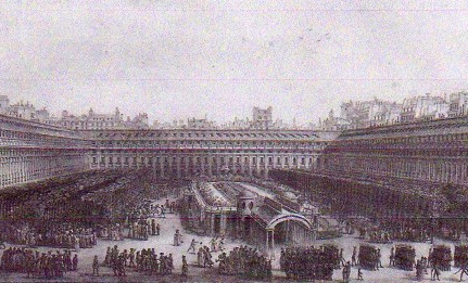 منظر لحديقة قصر رويال باتجاه الشمال عام 1788 مع سيرك قصر رويال في المنتصف