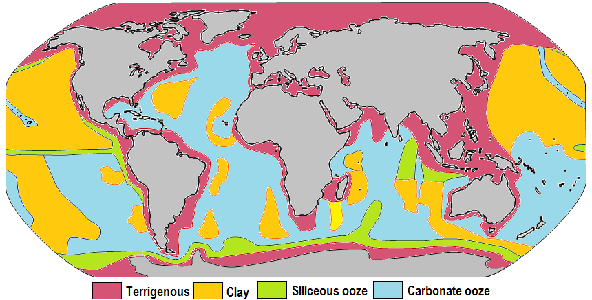 Distribution of sediment types on the seafloor Within each colored area, the type of material shown is what dominates, although other materials are also likely to be present.For further information, see here