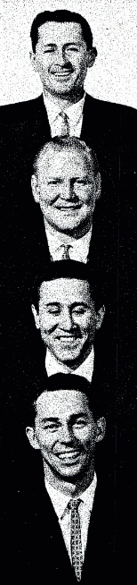 الطلاب الجدد الأربعة في عام 1965. من الأعلى إلى الأسفل: بوب فلانيجان، كين ألبيرز، بيل كومستوك، روس باربور