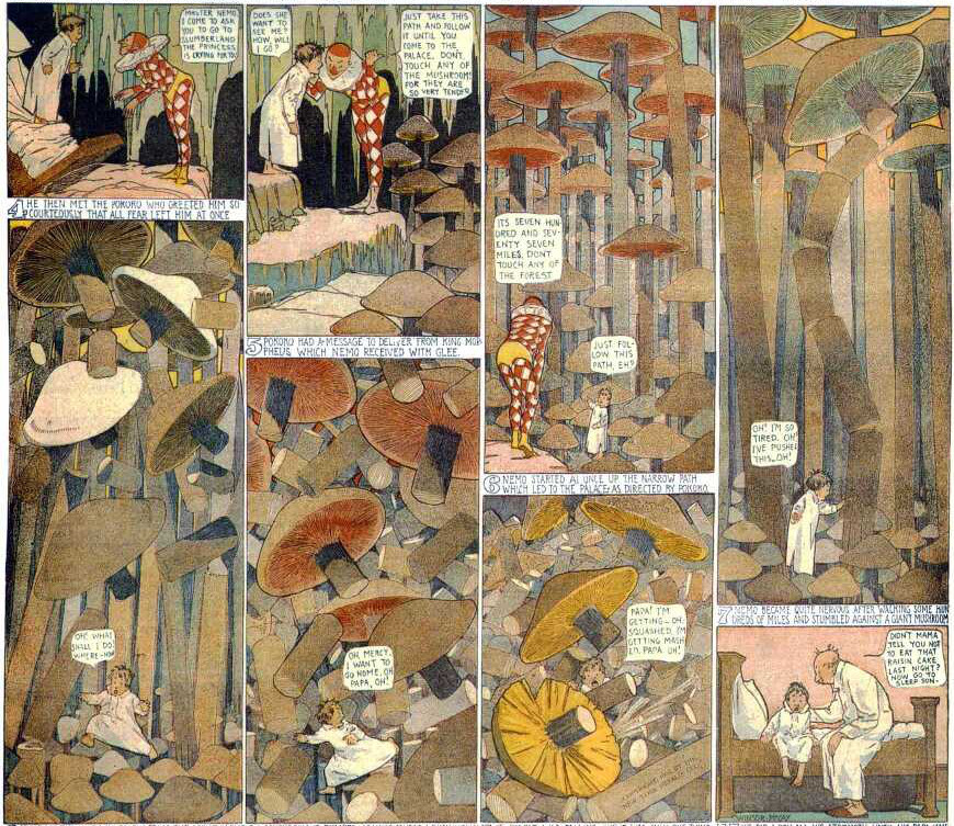 حلقة من سلسلة القصص المصورة "نيمو الصغير في أرض الأحلام" بتاريخ 22 أكتوبر 1905. يحلم نيمو بأنه في غابة فطر متنامية. تتسع اللوحات لتستوعب نمو الفطر.