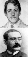 صورة مركبة من صورتين لرجلين أصغر سناً، الأول له شارب قلم رصاص وينظر إلى الكاميرا؛ والثاني له شارب كبير ويرتدي نظارة ويظهر في وضع شبه جانبي من يمينه.