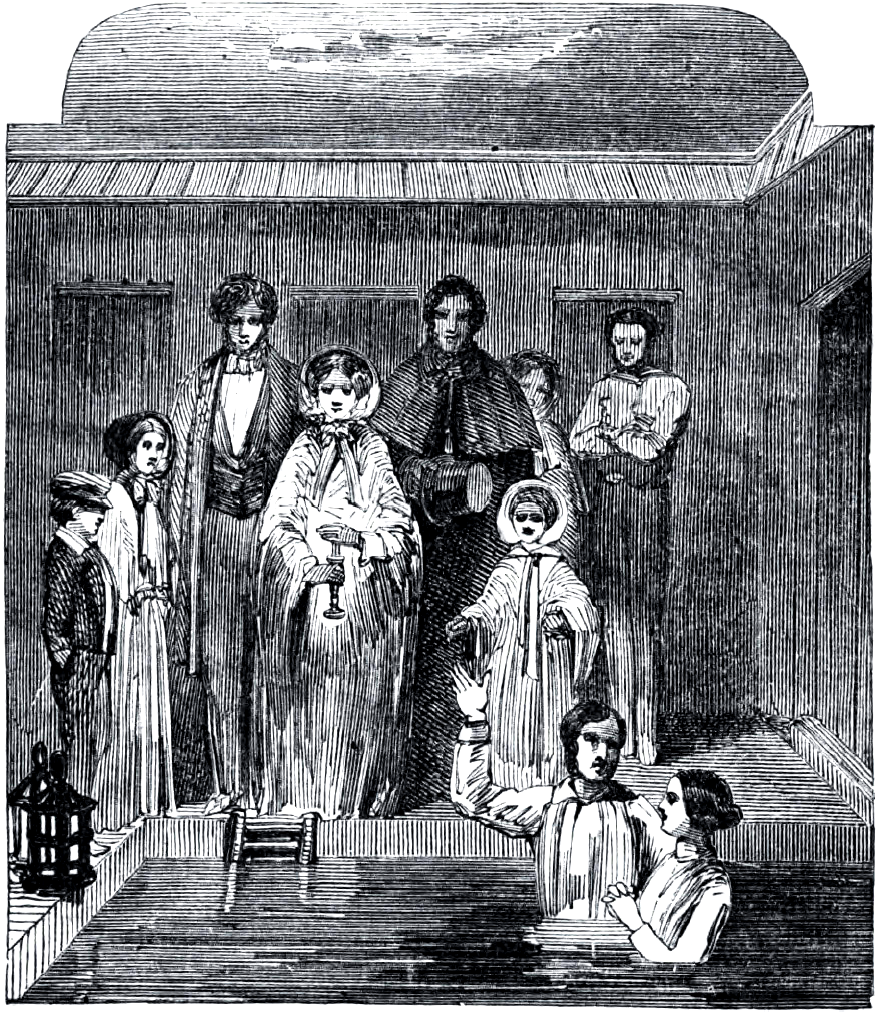 رسم لرجل مورموني يقوم بتعميد امرأة بالتغطيس (1852)