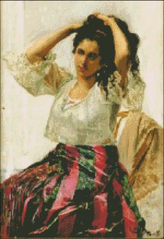 لوحة "أونا ميستيزا" للفنان خوان لونا تصور امرأة ترتدي زي "بارو'ت سايا" (حوالي عام 1887).