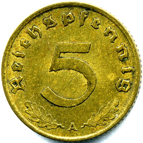 عملة ما قبل الحرب العالمية الثانية فئة 5 دولارات (الوجه الخلفي). مصنوعة من البرونز الألومنيومي