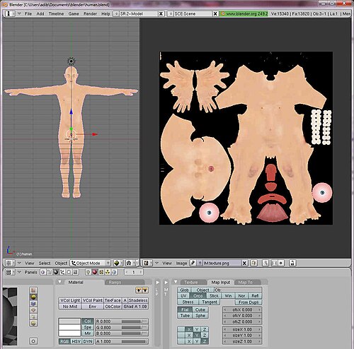 نموذج بشري و"جلد" من مشروع MakeHuman، كما يظهر في برنامج Blender