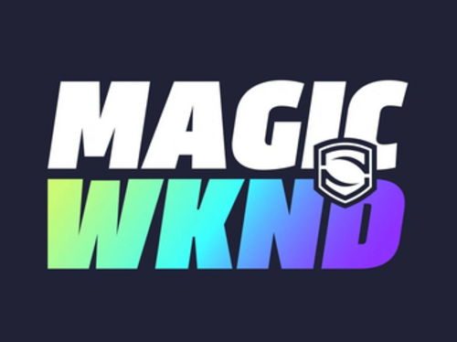 شعار منمق، "MAGIC WKND"، نص متعدد الألوان على خلفية زرقاء داكنة.