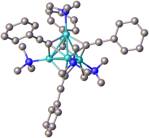 بنية التجمع المتكون من معقد PhC≡CLi المرتبط بـ N,N,N′,N′-رباعي ميثيل-1,6-ثنائي أمينو هكسان (حُذفت مجموعات الميثيلين للتوضيح). مفتاح الألوان: الفيروزي = Li، الأزرق = N.