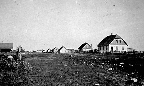 بيوت المزارع اليهودية في قرية بندر، مانيتوبا، عام 1921.
