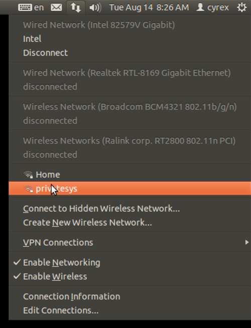 nm-applet 0.9.5 في شريط النظام الخاص بنظام Ubuntu 12.04، يعرض جميع نقاط الوصول المتاحة.