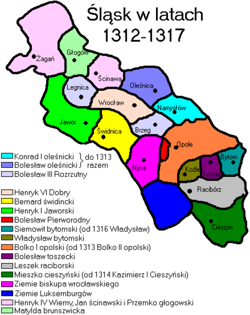 تم تقليص دوقية جاور (باللون الأخضر الفاتح) إلى حجمها الأصلي في عام 1312.