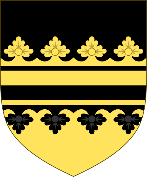 Per fess sable and Or, a fess per fess between two cotis their outer edges in the form of the upper rim of a Ducal Coronet all againstchanged.