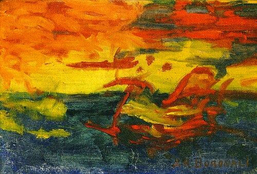 Et le Soleil s'endormit sur l'Adriatique (غروب الشمس فوق البحر الأدرياتيكي)، 54 × 81 سم، رسم جزئي للحمار (لولو) بمساعدة رولاند دورجيليس.