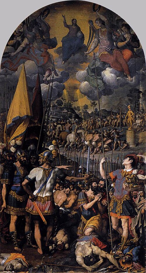 "استشهاد القديس موريس" للفنان رومولو سينسيناتو. 1583. زيت على قماش، 540 × 288 سم، دير سان لورينزو، الإسكوريال، إسبانيا. ركّز سينسيناتو بشكل أكبر على مشهد الإعدام، الذي تم إبرازه في مقدمة اللوحة.