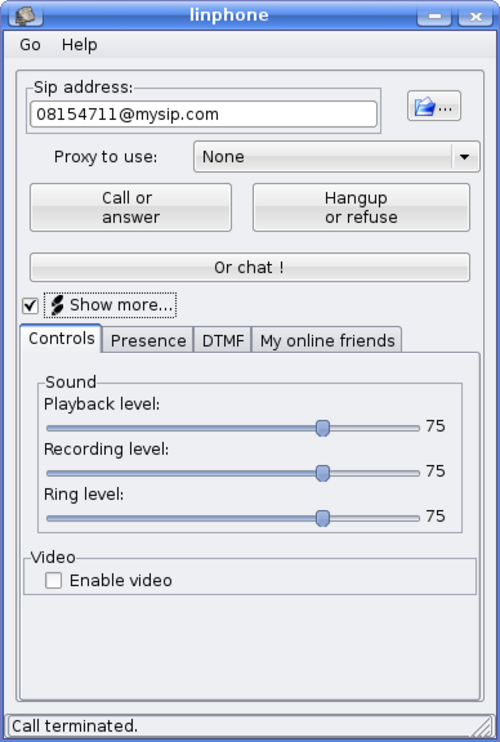 إحدى واجهات الإصدار الأولي لبرنامج Linphone في نظام Linux (GNOME)
