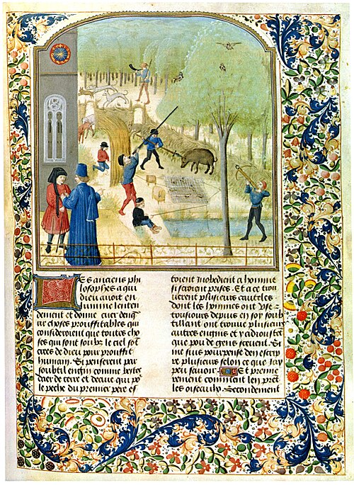 رسم توضيحي يعود إلى حوالي عام 1480 لأوروبيين من العصور الوسطى يستخدمون بندقية نفخ لصيد الطيور.