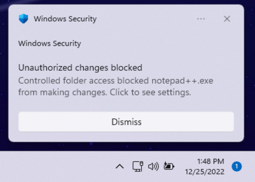 لقطة شاشة لإشعار يوضح أن برنامج Microsoft Defender قد حظر الوصول إلى مجلد محمي.