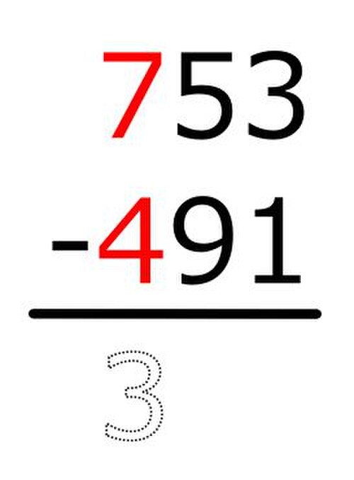 7 − 4 = 3 هذه النتيجة مكتوبة بالقلم الرصاص فقط.