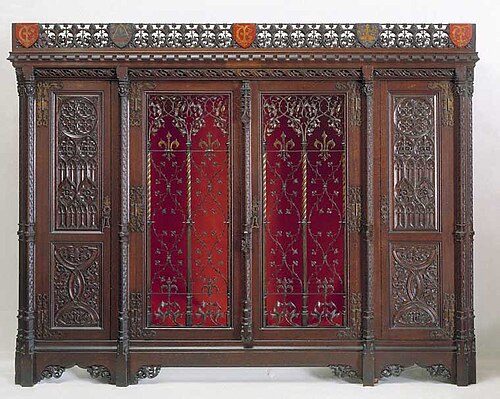 خزانة ملابس، من تصميم أوغسطس بوجين وصنع جون غريغوري كريس، 1850، من الخشب والزجاج، متحف فيكتوريا وألبرت، لندن