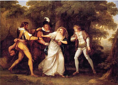 فالنتين ينقذ سيلفيا من رجلي فيرونا (1789)، زيت على قماش، 156.8 سم × 221 سم، متحف ديفيس في كلية ويليسلي، ماساتشوستس