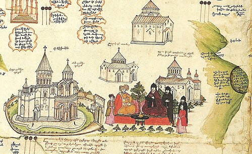 تم تصوير جبل أرارات عموديًا (على اليمين) على خريطة عام 1691 من إعداد إريميا تشيليبي إلى جانب كاتدرائية إتشميادزين وكنائس أخرى في فاجارشابات.