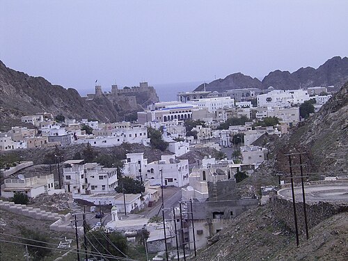 منظر لمدينة مسقط، مع حصن الجلالي وحصن الميراني.