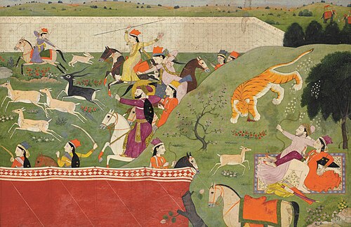 علاء الدين وماهيما دارما يصطادان نمراً أثناء علاقتهما الحميمة، تلال البنجاب، الهند، 1790