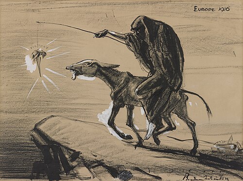 يصور رسم كاريكاتوري بعنوان "أوروبا 1916" الموت وهو يمتطي حماراً متجهاً نحو حافة جرف. يحمل الموت عصا طويلة تتدلى منها جزرة بعيدة عن متناول الحمار النحيل. كُتب على الجزرة "النصر".