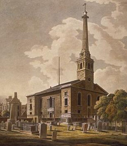 كنيسة سانت جون هورسليداون (1727-1733)، عمل مشترك مع جون جيمس، البرج من تصميم هوكسمور، قصف في الحرب العالمية الثانية ثم هُدم.