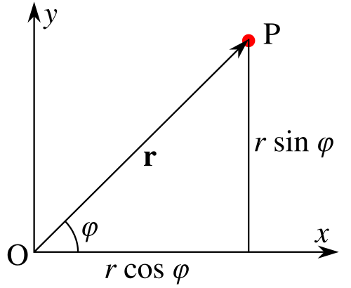 يُرمز إلى خطين متعامدين (محوري الإحداثيات الديكارتية) بالرمزين x (أفقي) و y (رأسي). يتقاطعان في أسفل اليسار عند نقطة تُسمى O (نقطة الأصل). يمتد سهم يُرمز إليه بالرمز r من نقطة الأصل إلى أعلى اليمين، وينتهي عند النقطة P. تُرمز الزاوية بين المحور x والمتجه r بالحرف اليوناني φ. يُسقط خط رأسي من النقطة P إلى المحور x، ويُرمز إلى القطعتين الأفقية والرأسية بـ "r cosine φ" و "r sin φ" على التوالي.