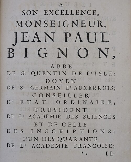 إهداء إلى Bignon في نسخة 1717 من المجلد الأول من "Œuvres de M. Mariotte" بقلم Edme Mariotte
