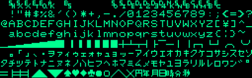 مجموعة أحرف جهاز NEC PC-8001 (1979) كما تم عرضها بخط 8×8 بكسل