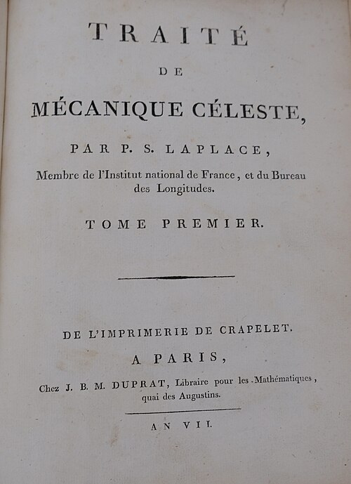 صفحة عنوان المجلد الأول من "Traité de mécanique céleste" (1799)