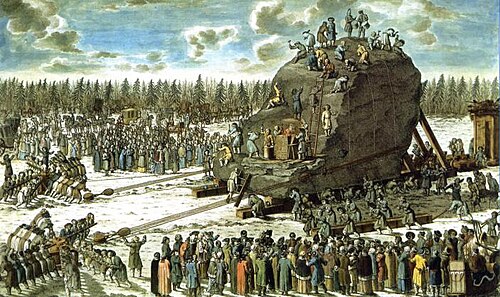 نقل حجر الرعد بحضور كاترين الثانية. نقش من تصميم IFSchley للرسم الذي رسمه يوري فيلتن. 1770.