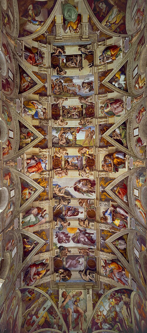 Sistine Chapel ceiling; by Michelangelo; 1508–1512; fresco; 13.7 x 39 m; Sistine Chapel (Vatican City)