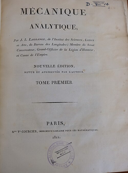 صفحة عنوان المجلد الأول من كتاب لاغرانج "Mécanique Analytique" (1811)