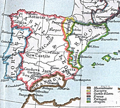 الممالك الخمس في شبه الجزيرة الأيبيرية عام 1360. تم تقليص أراضي إمارة غرناطة بحلول عام 1482، حيث فقدت سيطرتها على جبل طارق والأراضي الغربية الأخرى.