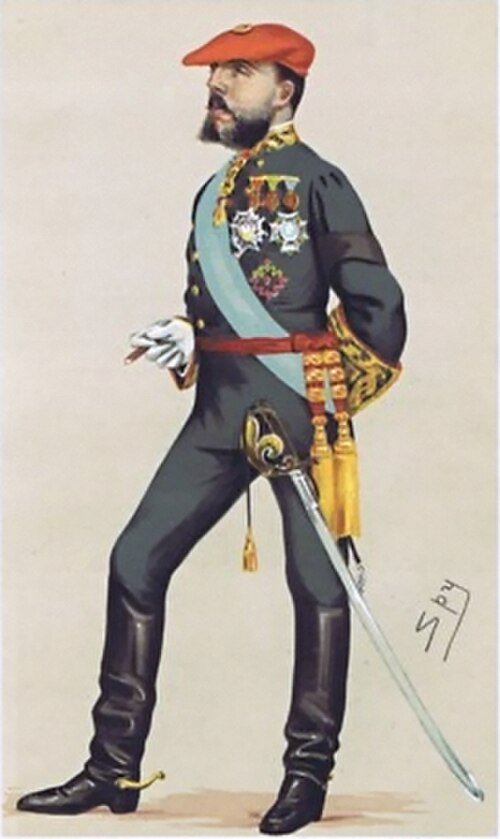 المتظاهر الكارلي، كارلوس ماريا دي بوربون إي أوستريا-إستي، في رسم من مجلة فانيتي فير (1876).