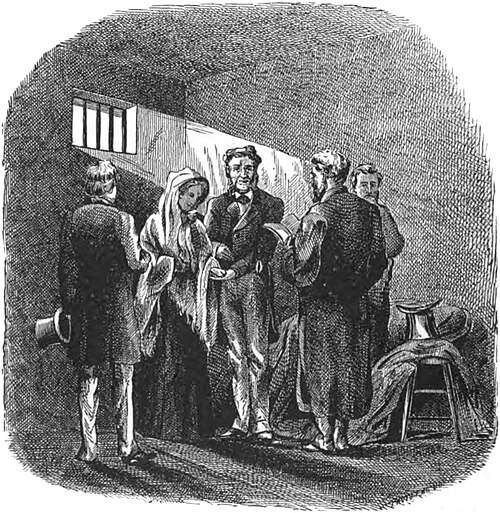 نقش يصور رجلاً وامرأة يتزوجان في زنزانة سجن. يتسلل ضوء الشمس من خلال نافذة صغيرة.