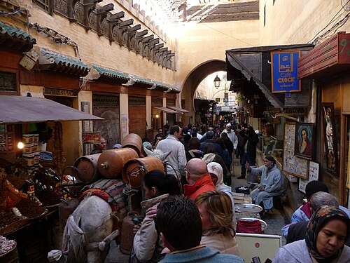 بغل ينقل البضائع عبر المدينة القديمة الخالية من السيارات في فاس، المغرب