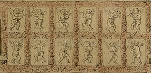تمثال أموريني من الطين المحروق فوق باب المدخل، تفصيل من رسم توضيحي لناش عام 1840