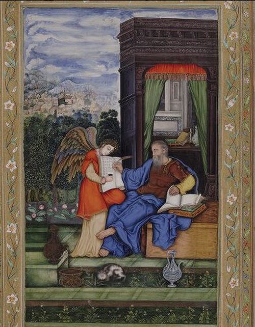 القديس متى يكتب الإنجيل مع ملاك يحمل المجلد، لوحة إسلامية مصغرة حوالي عام 1530 من تصميم كيسو داس لملك المغول