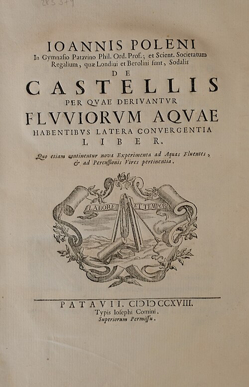 صفحة العنوان لـ De Castellis per quae derivantur Fluviorum aquae habentibus Latera convergentia liber (1718)
